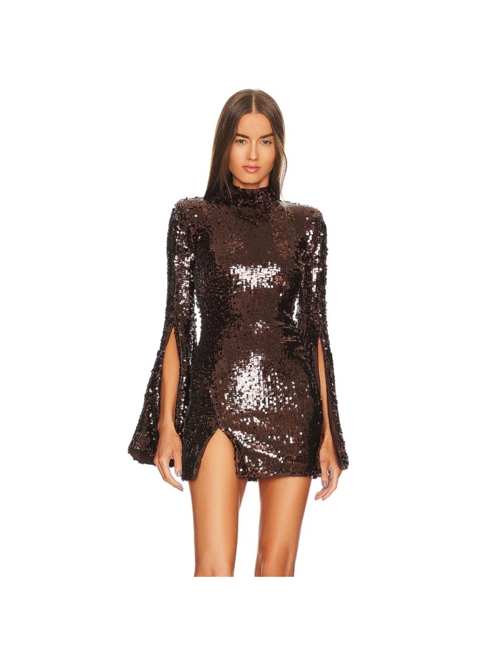 Michael Costello Mr Gibson Mini Dress Brown Sequin Long Bell Sleeve Sz XL